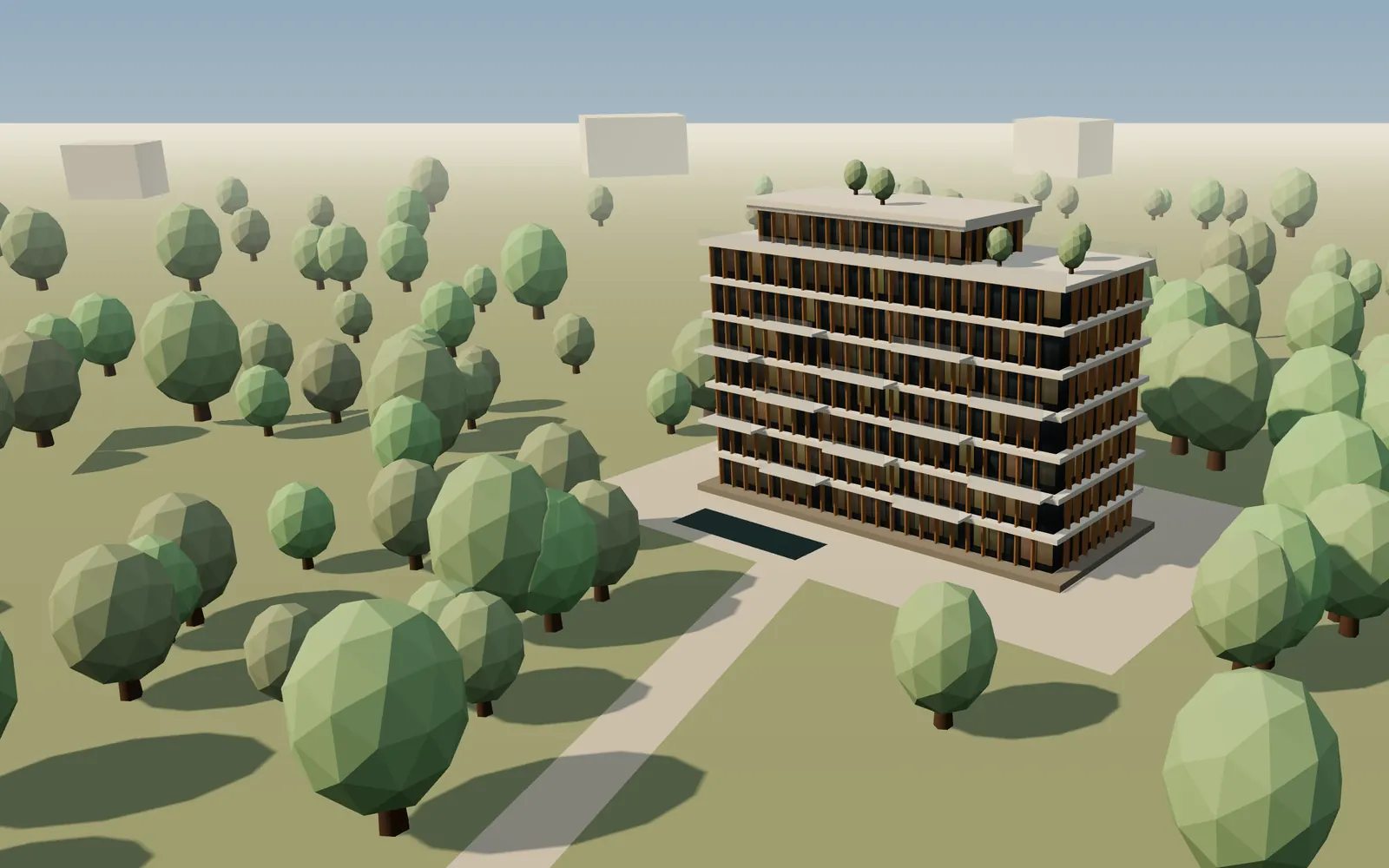 Gerenderte Ansicht der Residenz Felsgarten: siebengeschossiger Holz-Hybridbau mit Penthouse, umgeben von Bäumen
